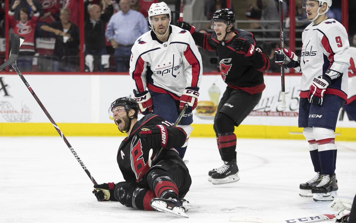 Carolina Hurricanes’ Jordan Staal (11) celebrates after scoring the game winning goal in the third period during Game 6 of their first round Stanley Cup series on Monday, April 22, 2019 at PNC Arena in Raleigh, N.C.