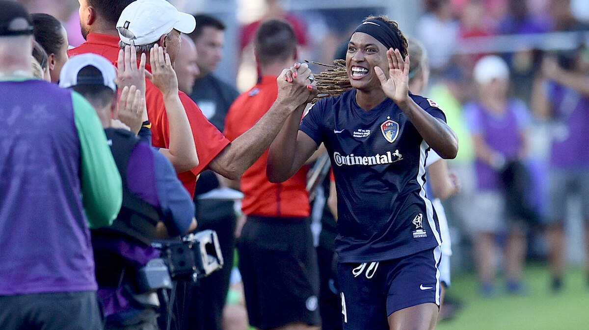 N.C. Courage’s Jessica McDonald (14) celebrates after substitution late in the second half. The North Carolina Courage and the Chicago Red Stars met in the 2019 National Women’s Soccer League Championship Finals in WakeMed Soccer Park in Cary, N.C. on October 27, 2019. Courage wins 4-0.