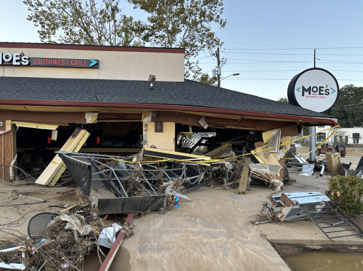 The Moe’s Southwest Grill in Asheville’s Biltmore Village endured extensive damage from the remnants of Hurricane Helene.