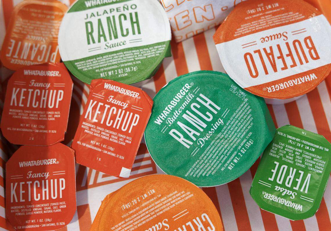 An assortment of sauces and dressings is pictured at Whataburger in Mebane, N.C. on Monday, Dec. 15, 2025. 
