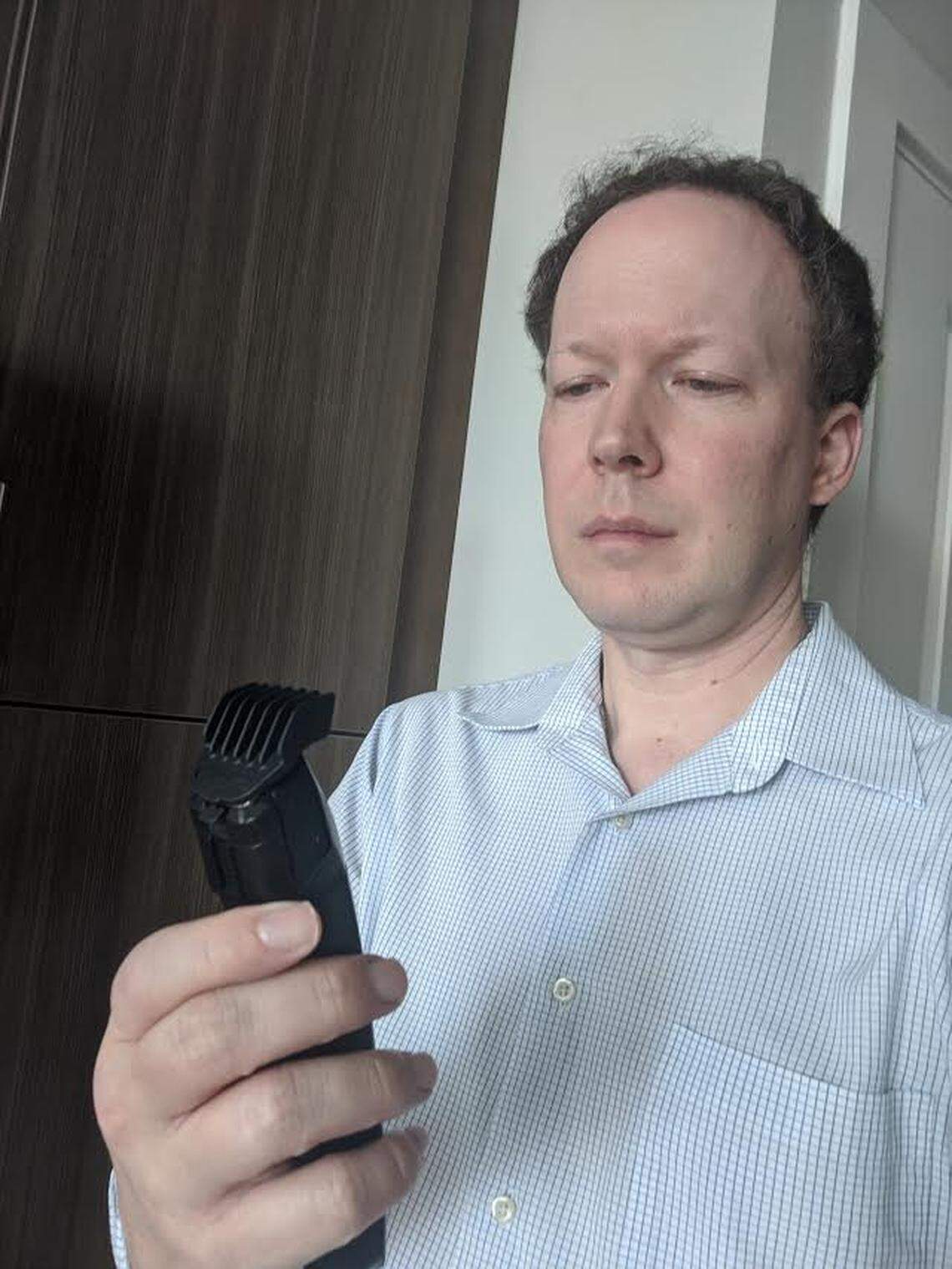 Craig Schaefer, a 46-year-old writer in Cary, is relying on YouTube videos to cut his own hair during quarantine, and he’s not confident it will turn out well.