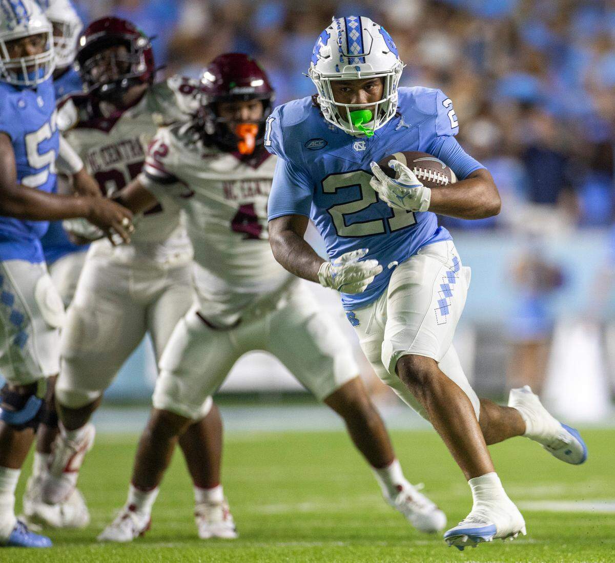 North Carolina running back Davion Gause (21) breaks open for a 21-yard gain in the fourth quarter against N.C. Central on Saturday, September 14, 2024 at Kenan Stadium in Chapel Hill, N.C.