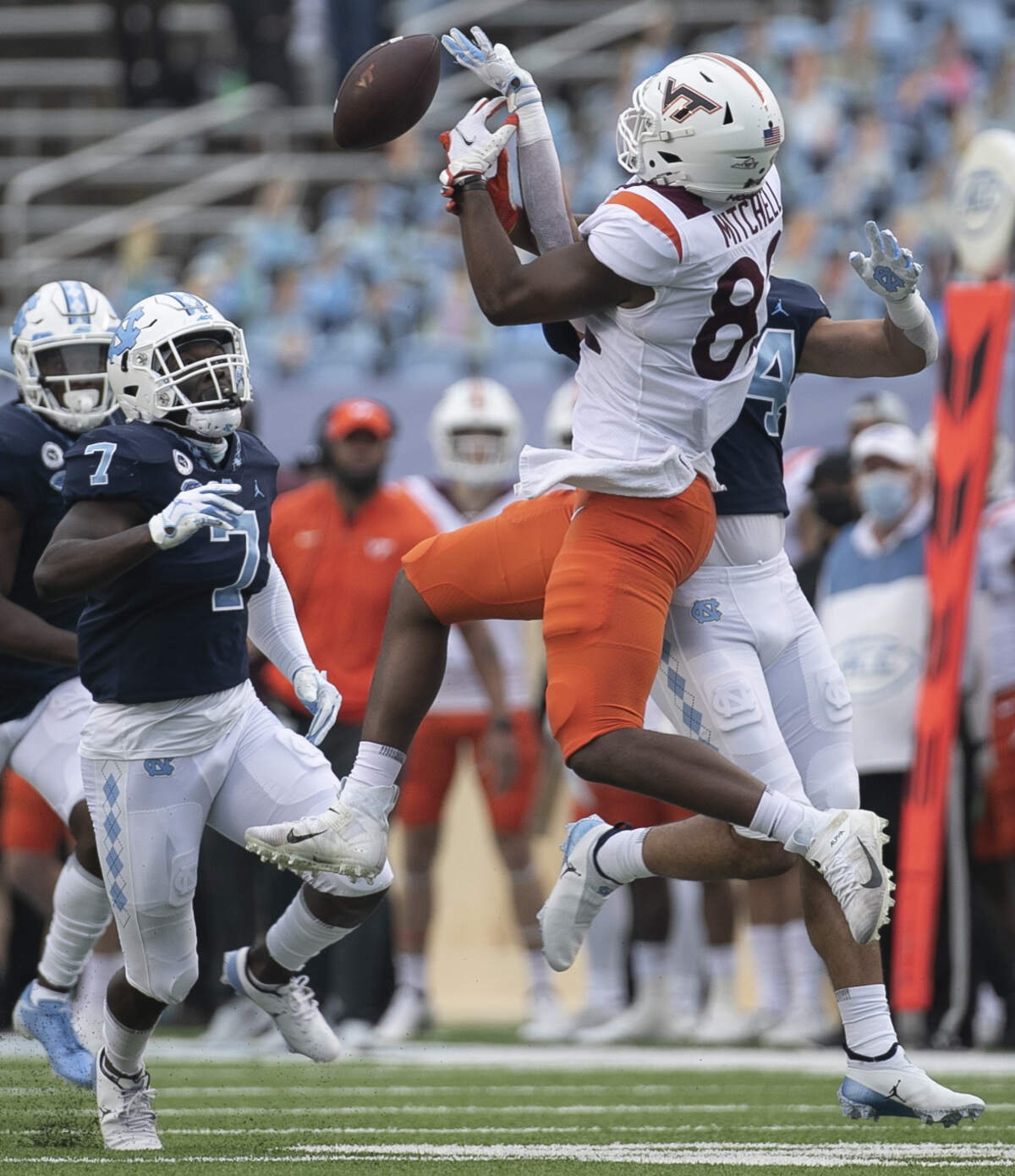 North Carolina’s Jeremiah Gimmel (44) breaks up a pass intended for Virginia Tech’s James Mitchell (82) in the first quarter on Saturday, October 10, 2020 at Kenan Stadium in Chapel Hill, N.C.