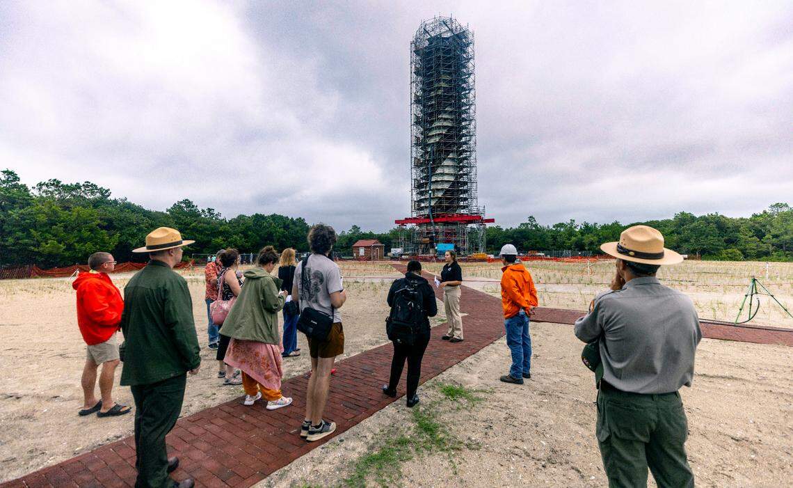 The National Park Service conducts a tour of the Cape Hatteras Lighthouse restoration project on Monday, July 1, 2024. The project is expected to cost $19.2 million and will include replacing 40,000 of its estimated 1,250,000 bricks, replacing rusted or broken metal components and the installation of a near-exact replica of the first-order Fresnel lens.