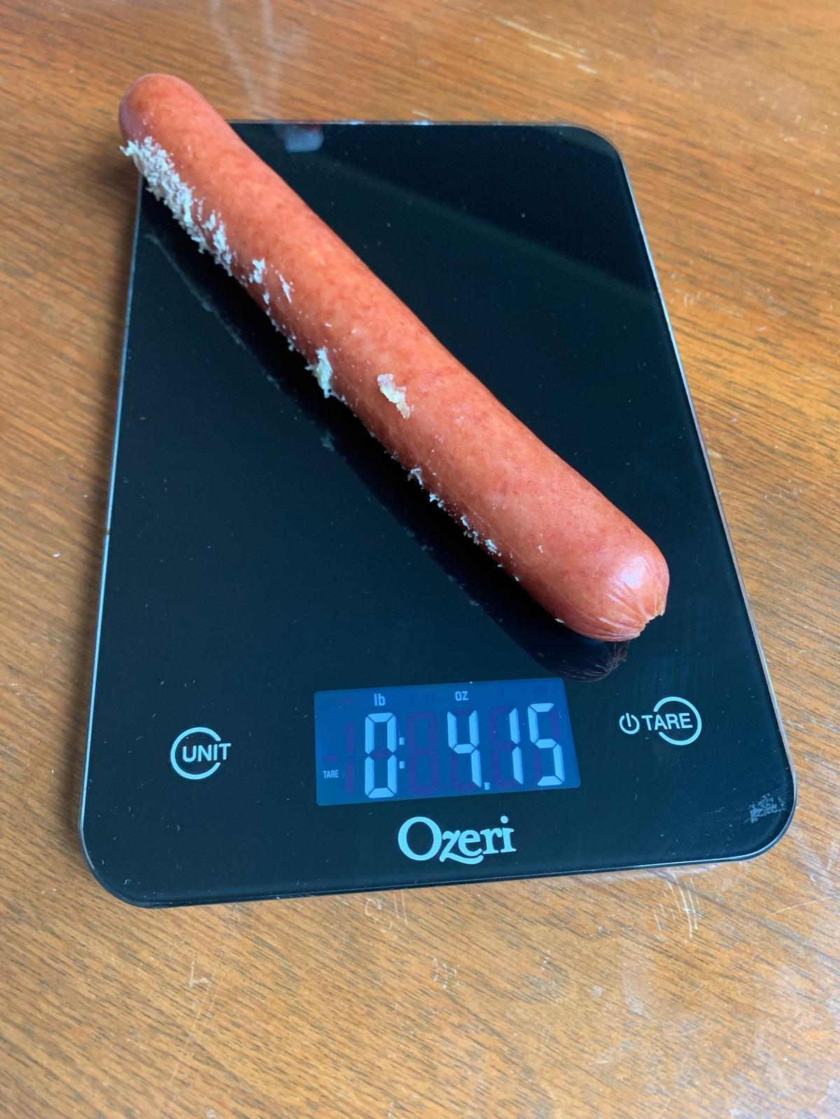 A bunless frank from Costco weighs 4.15 ounces.