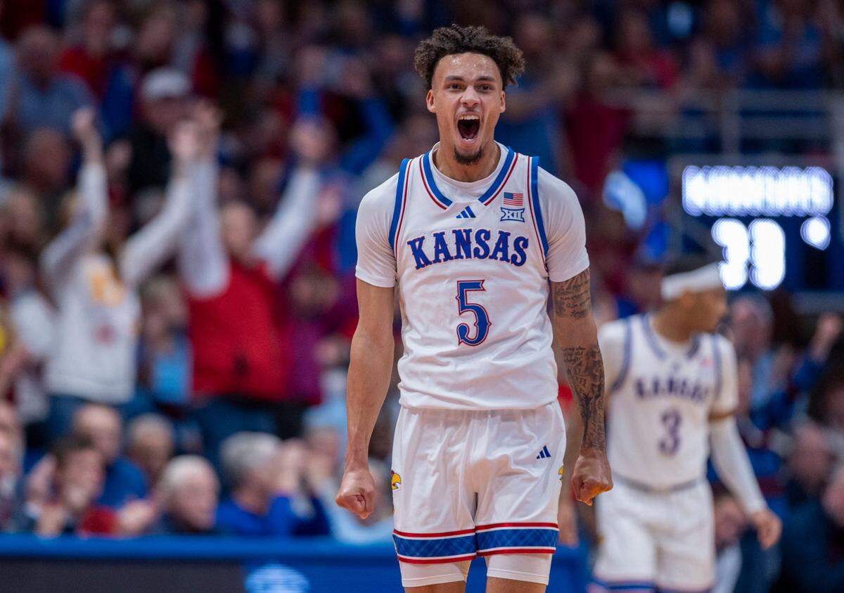 Kansas guard Zeke Mayo (5) reacts after sinking a basket to give the Jayhawks an 11 point lead in the first half against North Carolina on Friday, November 8, 2024 at Allen Fieldhouse in Lawrence, Kansas.