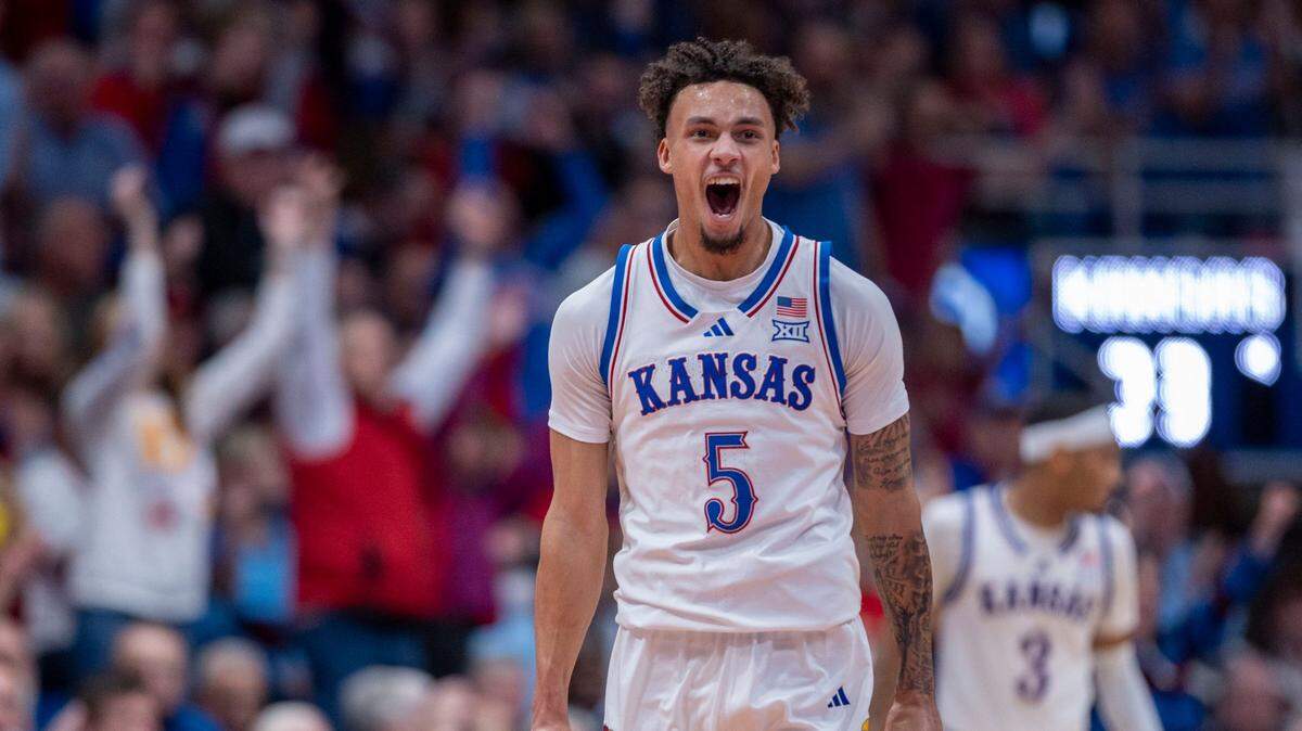 Kansas guard Zeke Mayo (5) reacts after sinking a basket to give the Jayhawks an 11 point lead in the first half against North Carolina on Friday, November 8, 2024 at Allen Fieldhouse in Lawrence, Kansas.