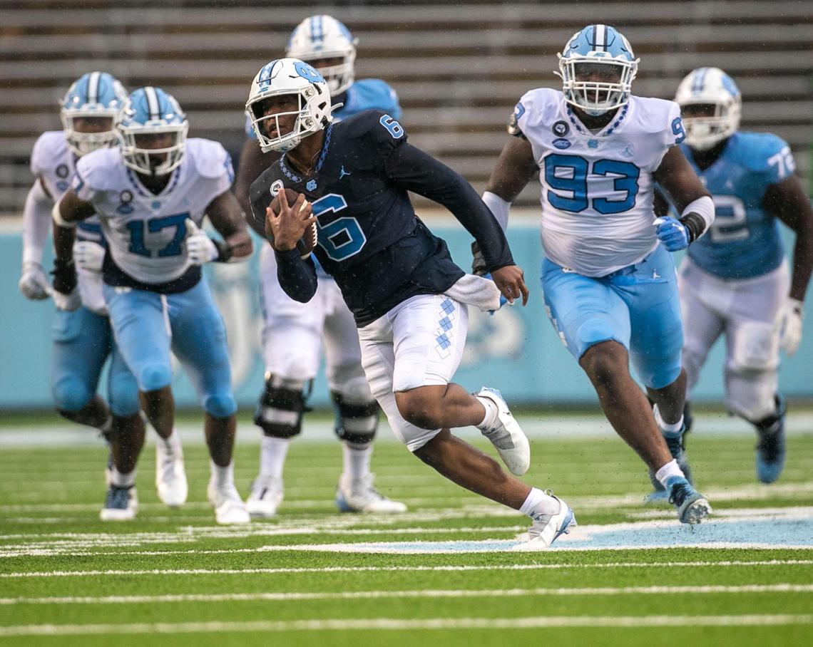 North Carolina quarterback Jacoby Criswell (6) breaks open for a long run during the Tar Heels’ Spring football game on Saturday, April 24, 2021 in Chapel Hill, N.C.
