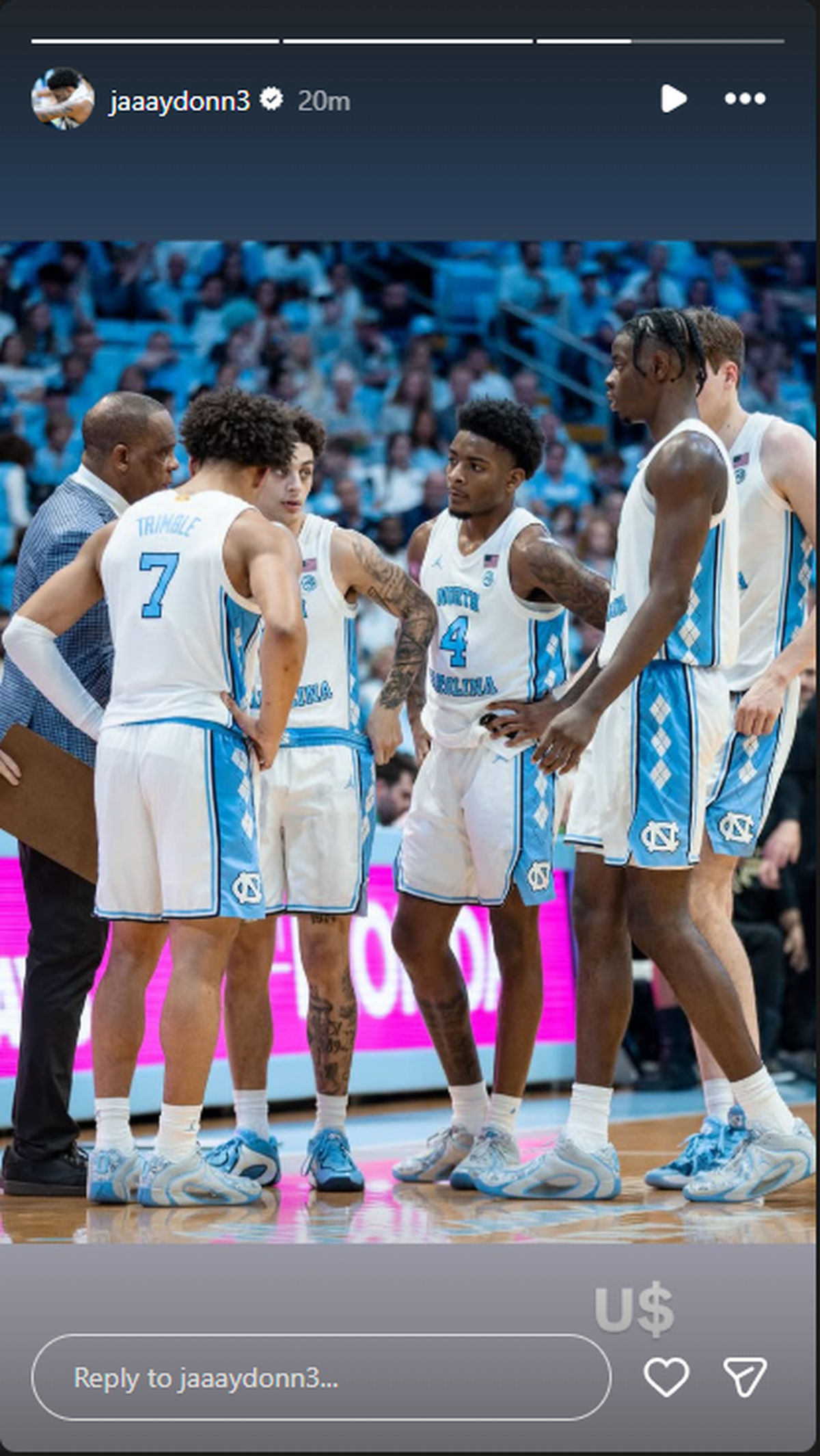 UNC basketball player Jaydon Young posted a photo on his Instagram stories in support of coach Hubert Davis March 24, 2026, after Davis was let go as coach of the Tar Heels.