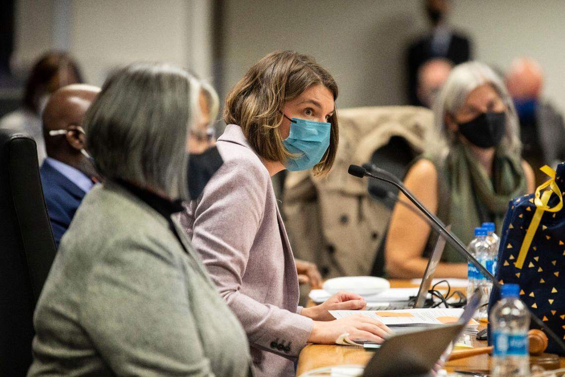 Lindsay Mahaffey speaks to Wake County School Board members after being elected chairwoman on Dec. 7, 2021.