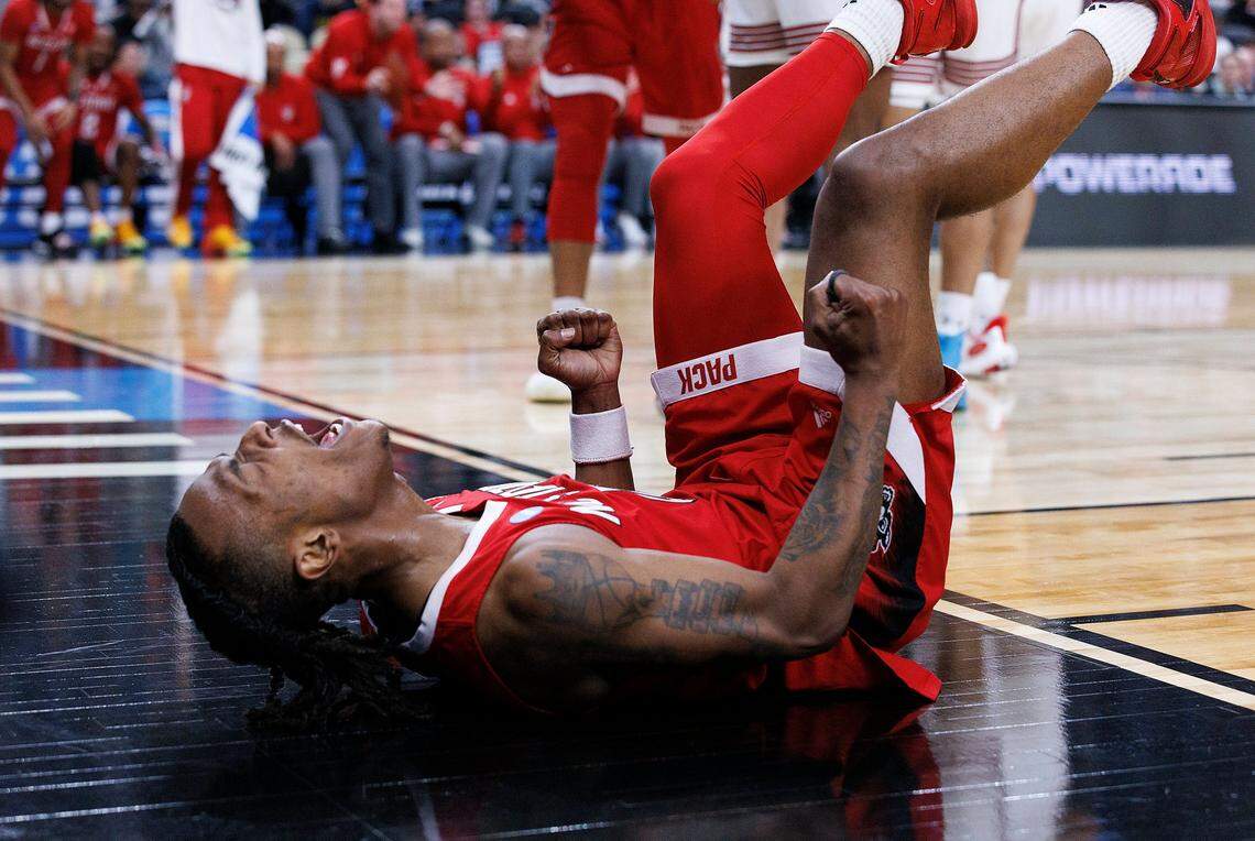 N.C. State’s DJ Horne reacts after drawing a foul during the second half of the Wolfpack’s 80-67 win over Texas Tech in first round of the NCAA Tournament on Thursday, March 21, 2024, at PPG Paints Arena in Pittsburgh, Pa.