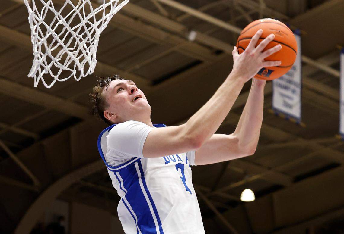 Duke’s Cooper Flagg (2) heads to slam in two during the second half of Duke’s 78-57 victory over Cal at Cameron Indoor Stadium in Durham, N.C., Wednesday, Feb. 12, 2025.
