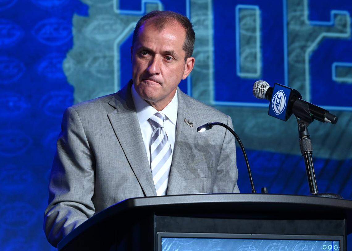 ACC Commissioner Jim Phillips listens to a reporter’s question during the first day of the 2023 ACC Football Kickoff event in Charlotte, NC on Tuesday, July 25, 2023.