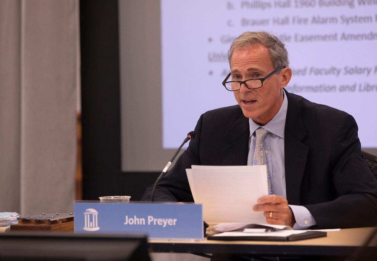 UNC Board of Trustees Chair John Preyer speaks during a meeting of the board in Chapel Hill, N.C. on Thursday, May 16, 2024.