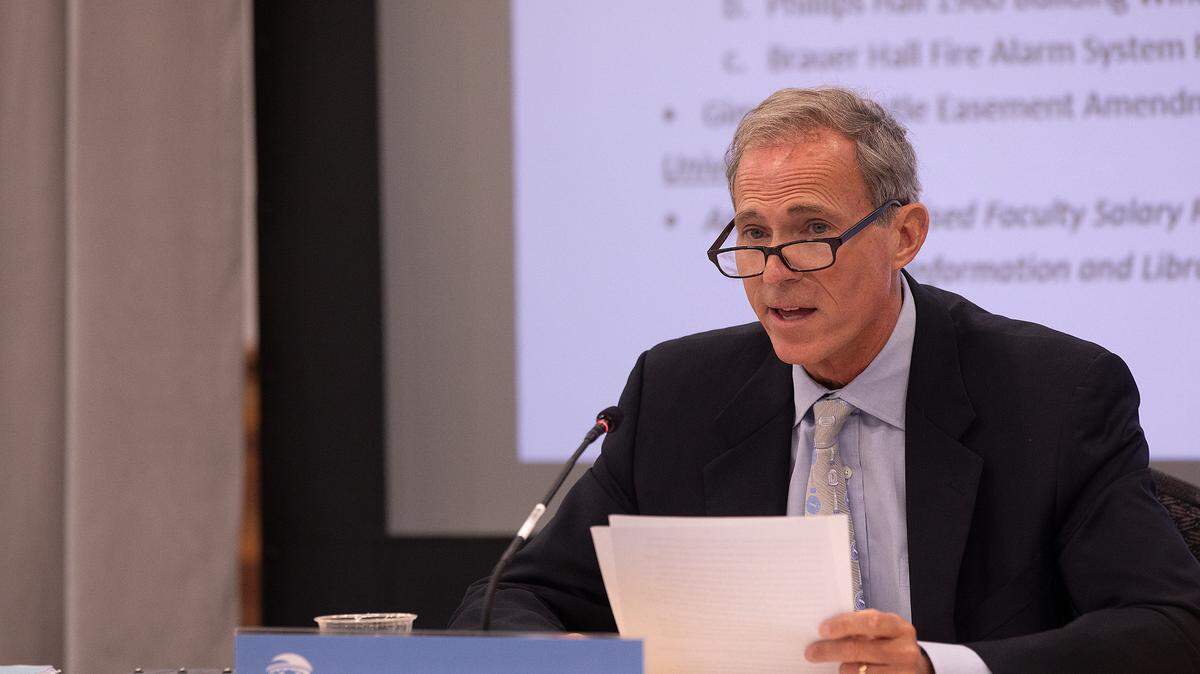 UNC Board of Trustees Chair John Preyer speaks during a meeting of the board in Chapel Hill, N.C. on Thursday, May 16, 2024.