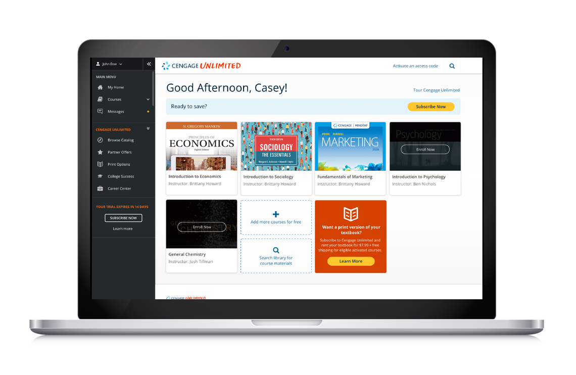A home screen example of Cengage’s educational learning platform Cengage Unlimited.
