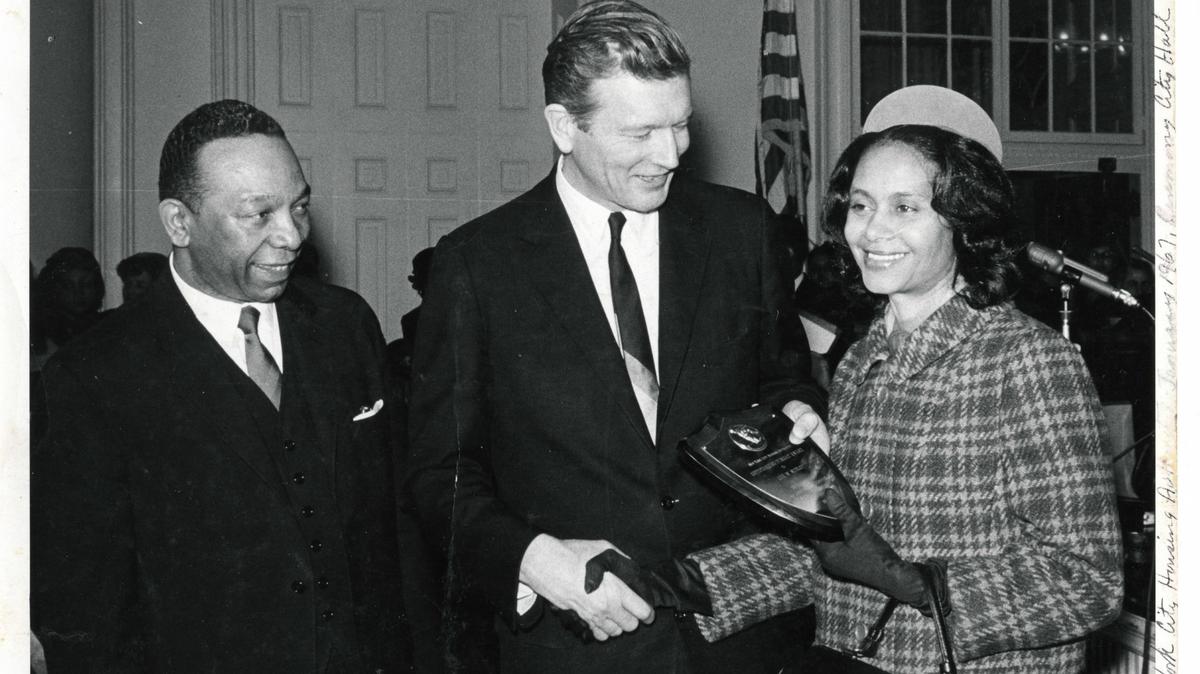 Ora Mobley Sweeting (right) receiving the tenant of the year award from Mayor John V. Lindsay in 1966 for her role in organizing tenants of the St. Nicholas Housing Project.