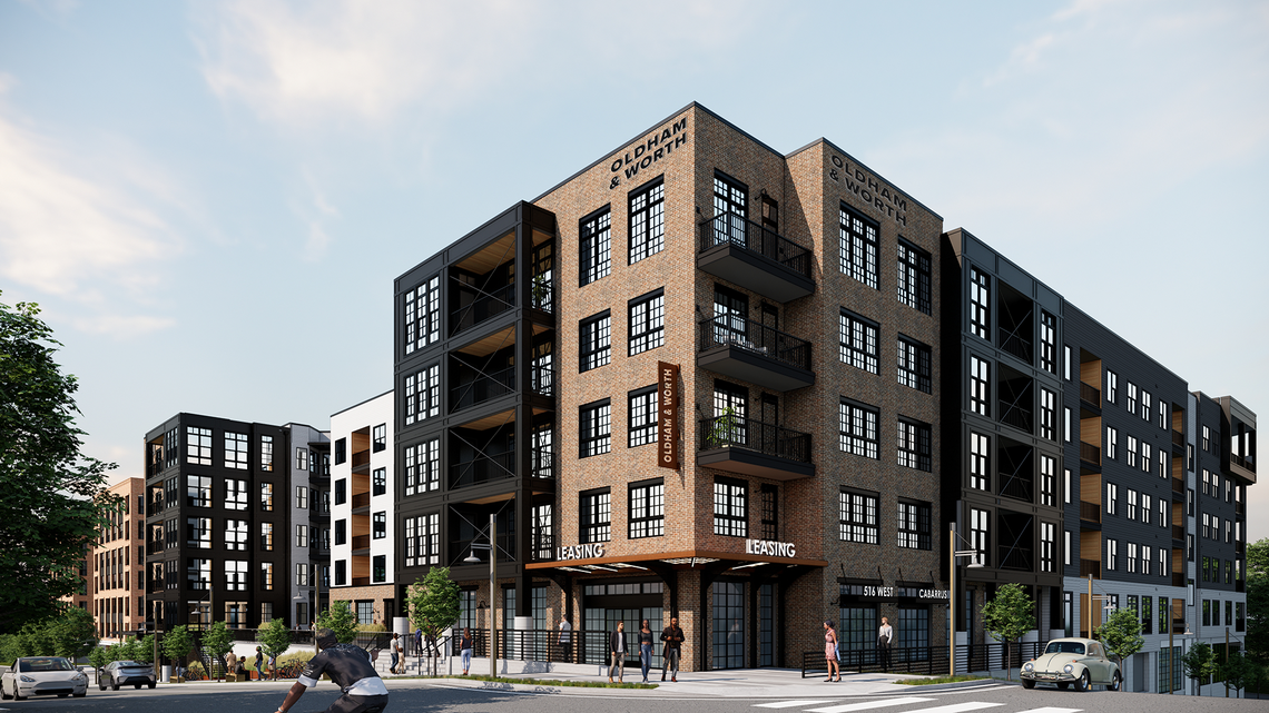 A rendering of Oldham & Worth, a five-story upscale apartment building at the corner of West Cabarrus and South West streets.