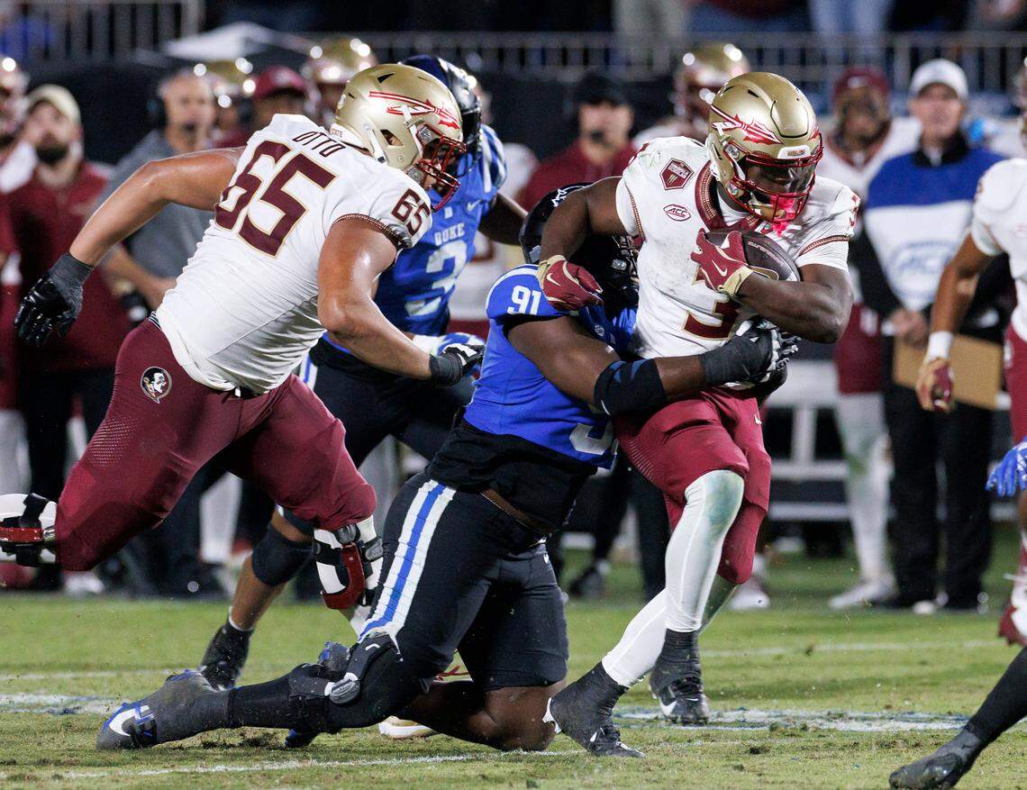 Duke’s Kendy Charles pressures Florida State’s Kam Davis during the second half of the Blue Devils’ 23-16 win on Friday, Oct. 18, 2024, at Wallace Wade Stadium in Durham, N.C.