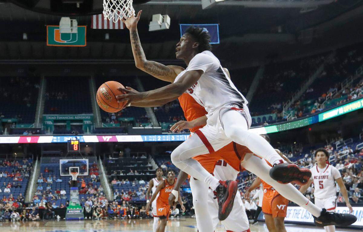 N.C. State’s Jarkel Joiner (1) drives to the basket during N.C. State’s 97-77 victory over Virginia Tech in the second round of the ACC Men’s Basketball Tournament in Greensboro, N.C., Wednesday, March 8, 2023.
