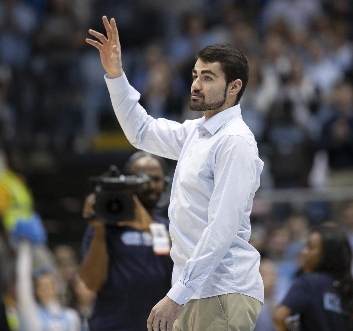 Former Tar Heel Luke Maye is recognized during the North Carolina vs Virginia game on Saturday, February 15, 2020, at the Smith Center in Chapel Hill, N.C. Maye was presented the Patterson Medal for athletic achievement.