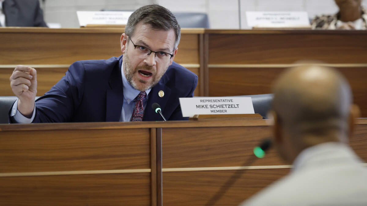 Rep. Mike Schietzelt questions Chapel Hill-Carrboro City Schools Superintendent Rodney Trice during a meeting of the House Oversight Committee in Raleigh, N.C. Thursday, April 23, 2026.