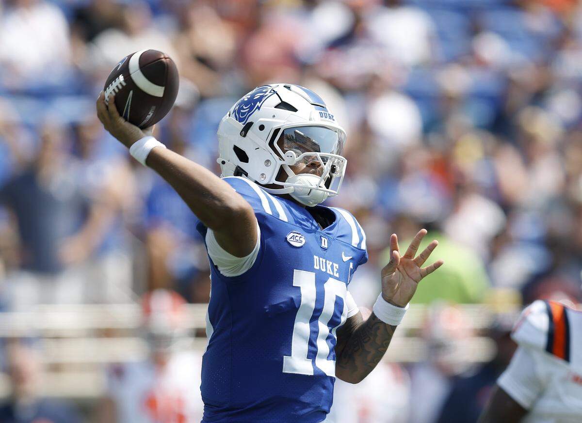 Duke quarterback Darian Mensah looks to pass during the first half of the Blue Devils’ game against Illinois on Saturday, Sept. 6, 2025, at Wallace Wade Stadium in Durham, N.C.
