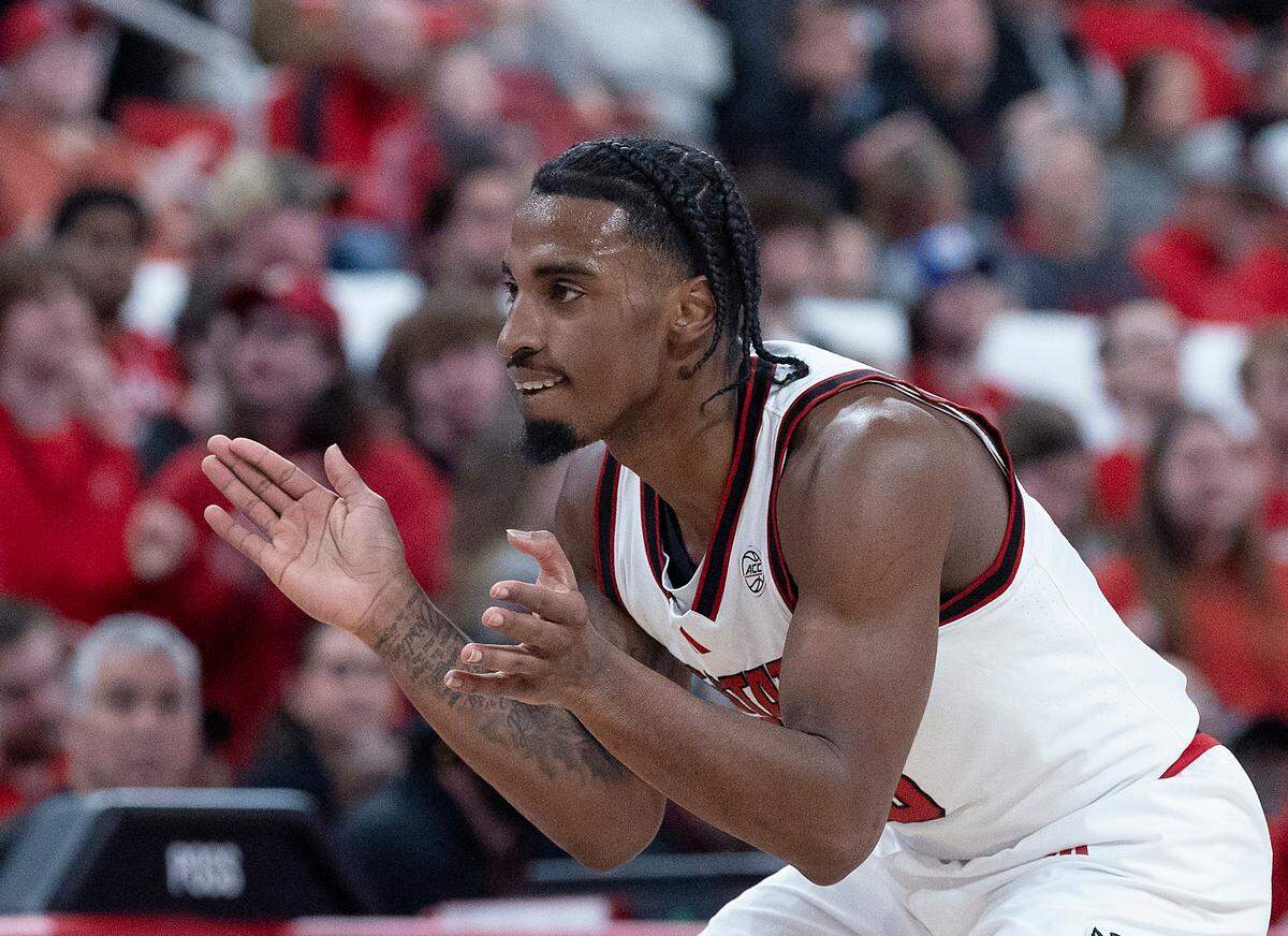 N.C. State’s Marcus Hill claps his hands on defense during the first half of the Wolfpack’s 66-65 win over Notre Dame on Wednesday, Jan. 8, 2025, at Lenovo Center in Raleigh, N.C.