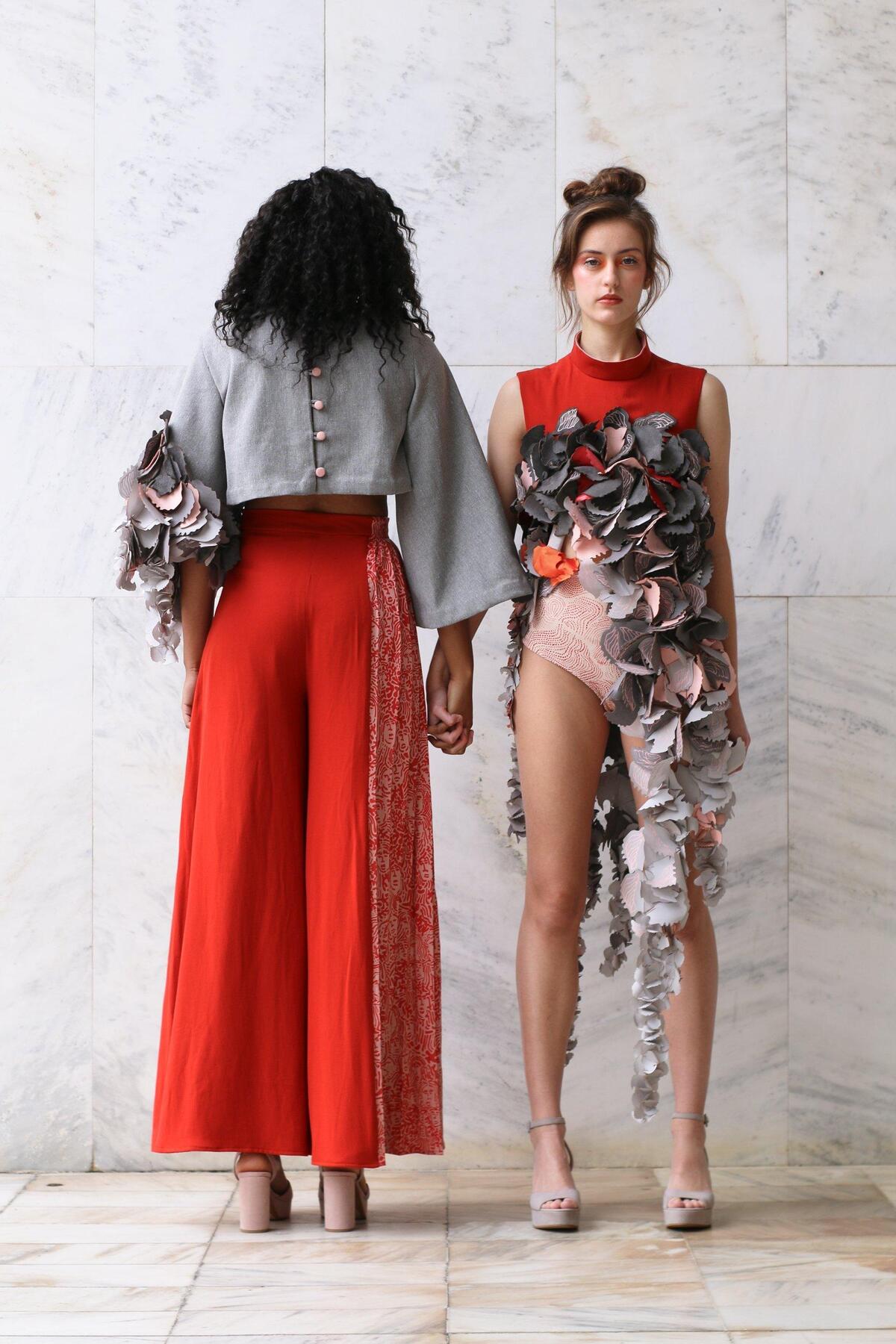 Two pieces from NC State student Emily Sikkel’s Art2Wear Collection called Synergy.