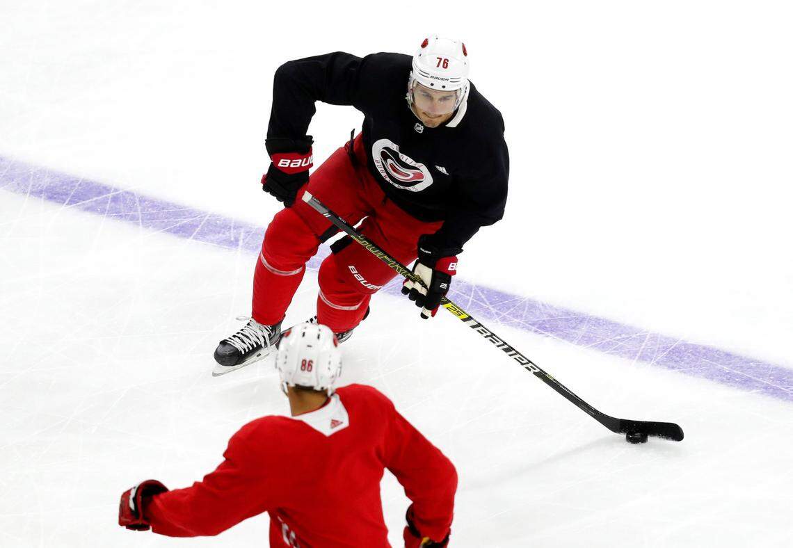 Carolina defenseman Brady Skjei (76) participates in drills during the Carolina Hurricanes’ on-ice workouts at PNC Arena in Raleigh, N.C., Monday, July 13, 2020.