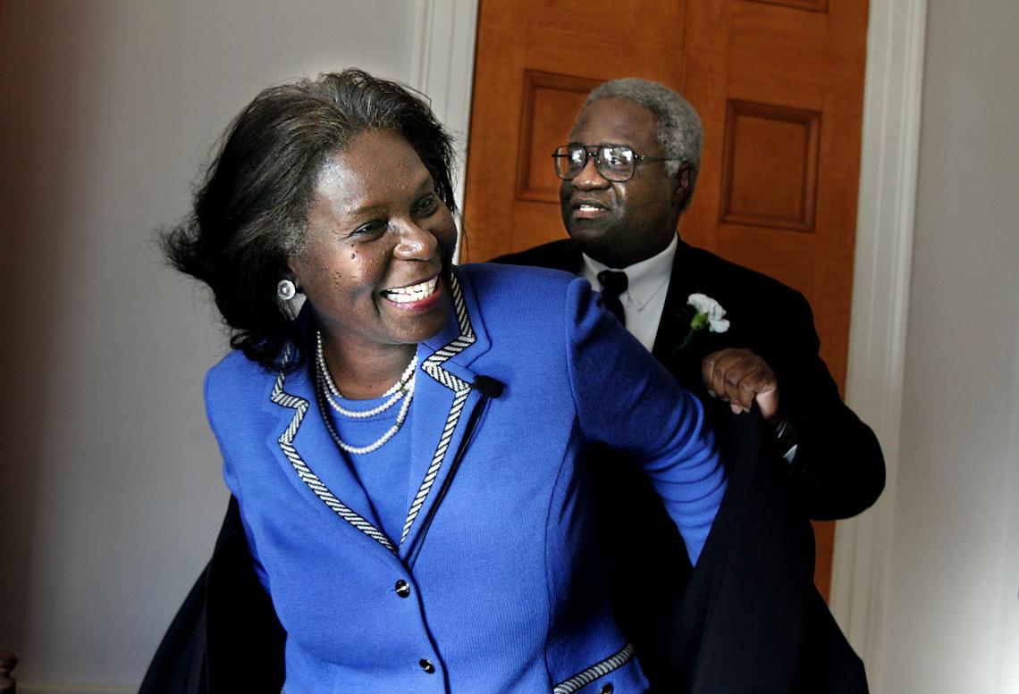 Patricia Timmons-Goodson, pictured in 2006, was the first black woman on the North Carolina Supreme Court. She is with her husband, Dr. Ernest Goodson, who helped her put on her robe.