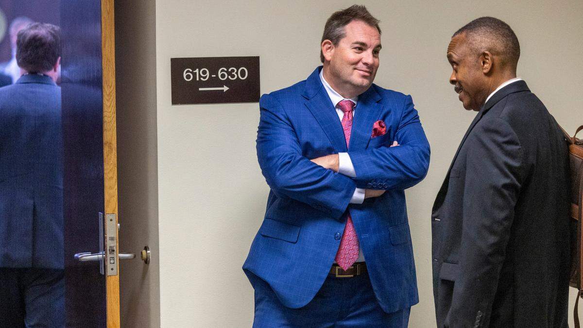 North Carolina House&nbsp;Republican&nbsp;Majority Leader John Bell, left, and Democratic&nbsp;Minority Leader&nbsp;Robert&nbsp;Reives talk before a House Committee on Redistricting meeting at the Legislative Office Building in Raleigh, Thursday, October. 19, 2023.