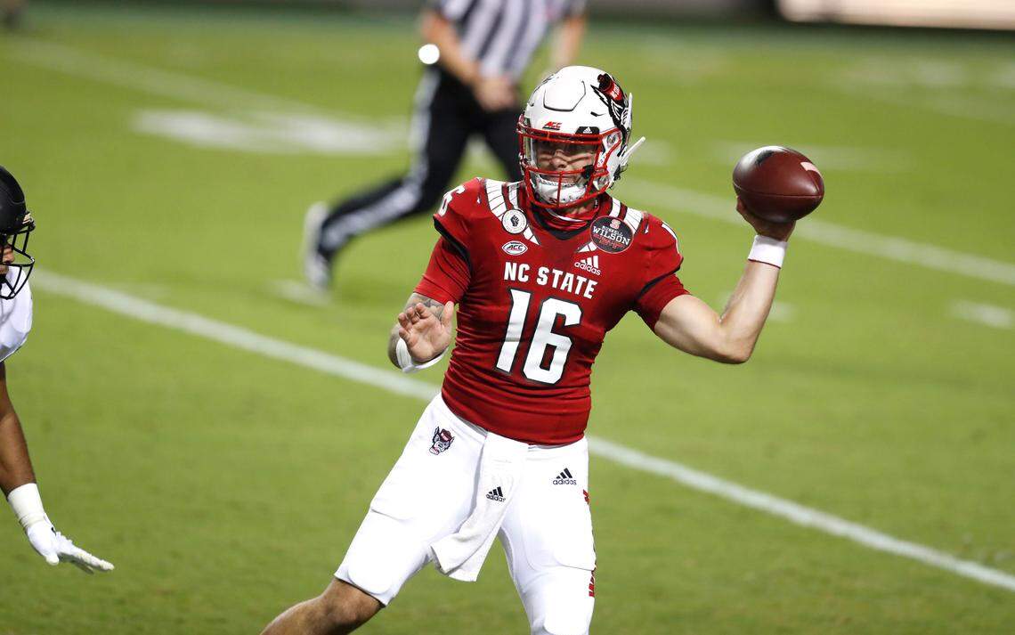 N.C. State quarterback Bailey Hockman (16) passes during the first half of N.C. State’s game against Wake Forest at Carter-Finley Stadium in Raleigh, N.C, Saturday, Sept. 19, 2020.