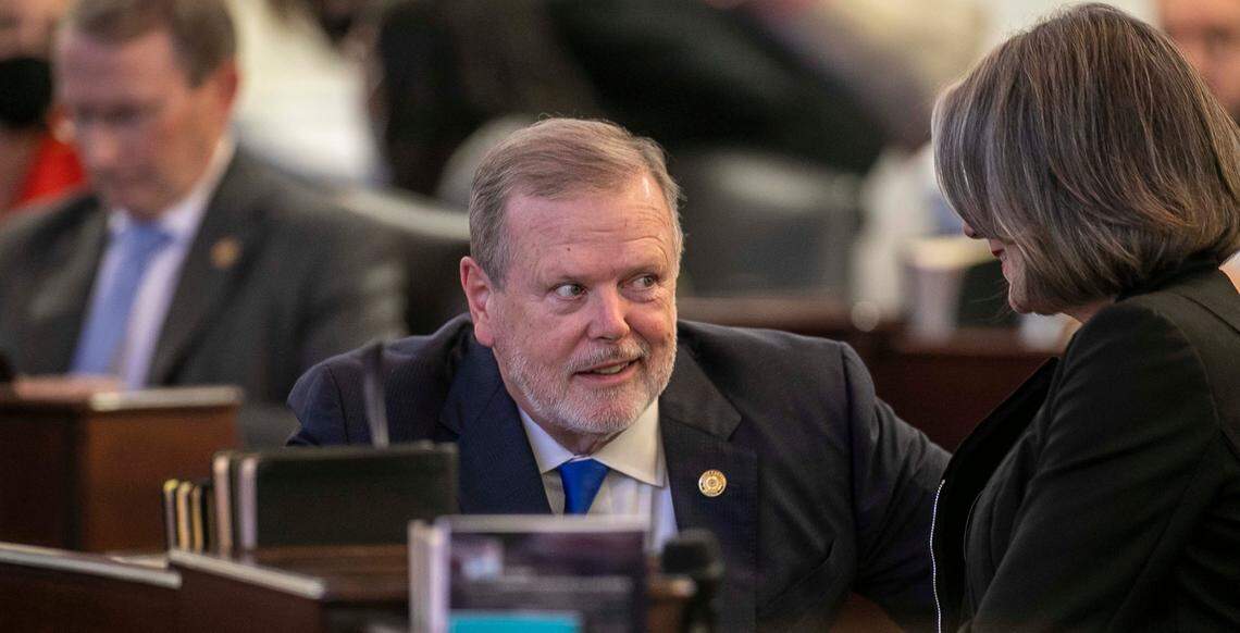 North Carolina Senate President Pro Tempore Phil Berger talks with Senator Kathy Harrington of Gaston County prior to the Senate session on Wednesday, November 17, 2021 in Raleigh, N.C.