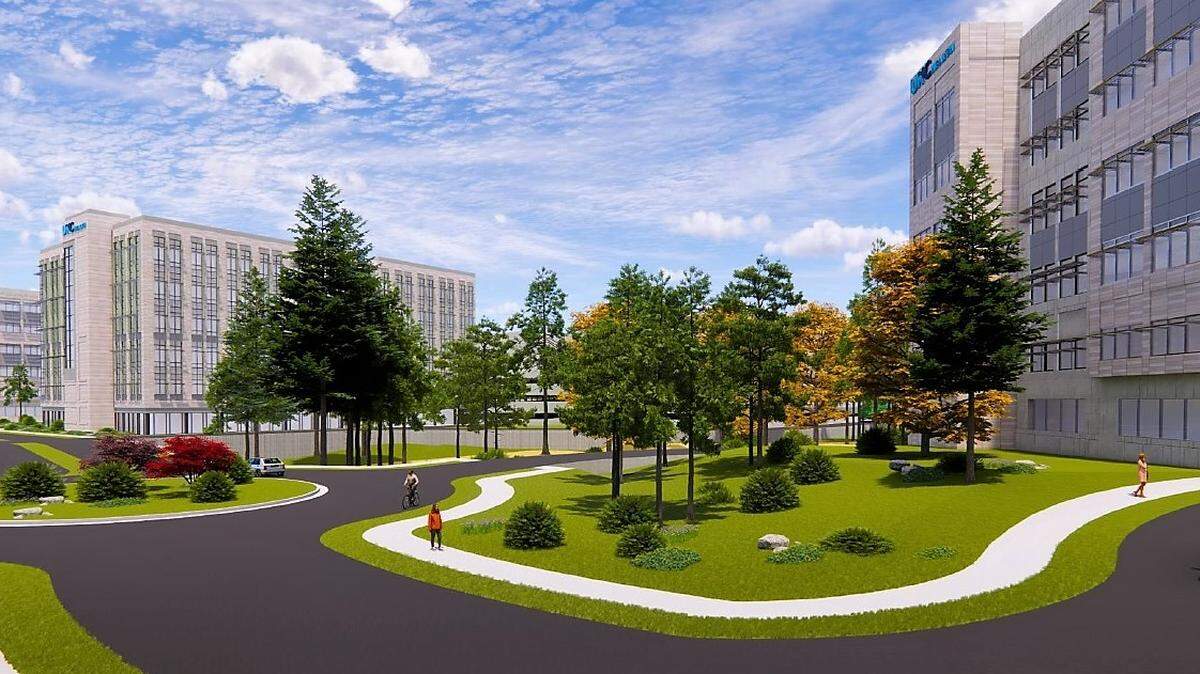 A preliminary rendering of the UNC Health Eastown campus, as seen from the existing parking deck, shows how the next medical building (at right) and future buildings would be connected and look in relation to their environment.