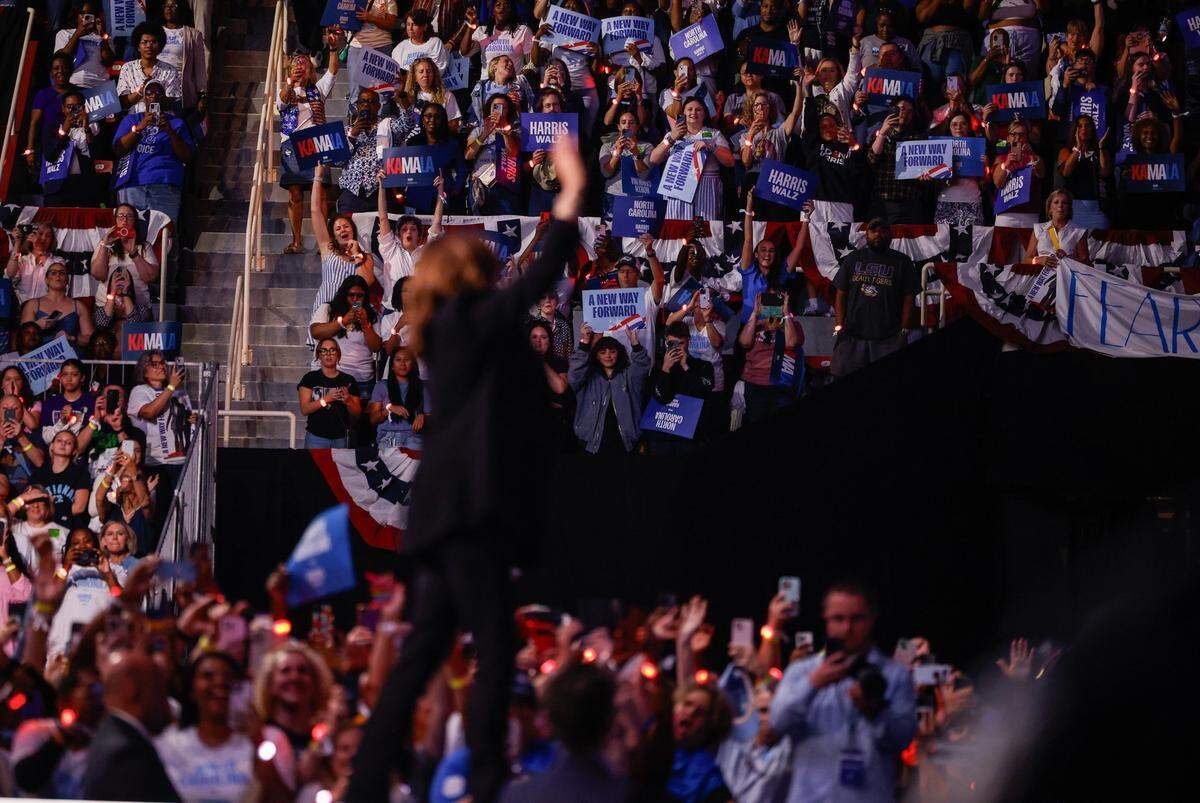 The crowd cheers as Vice President Kamala Harris leaves the stage after speaking at a rally at the Bojangles Coliseum in Charlotte, NC on Thursday, September 12, 2024.