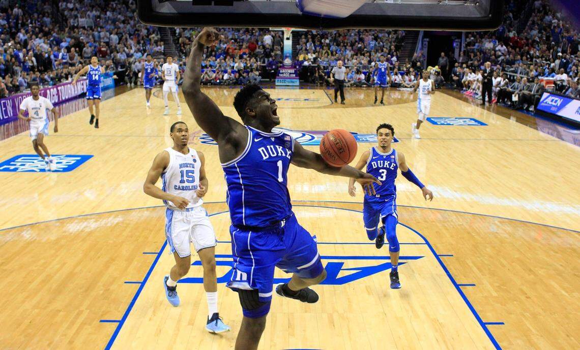 Duke’s Zion Williamson (1) slams in two in the second half during Duke’s 74-73 victory over UNC in the semifinals of the 2019 ACC Tournament in Charlotte, N.C., Friday, March 15, 2019.