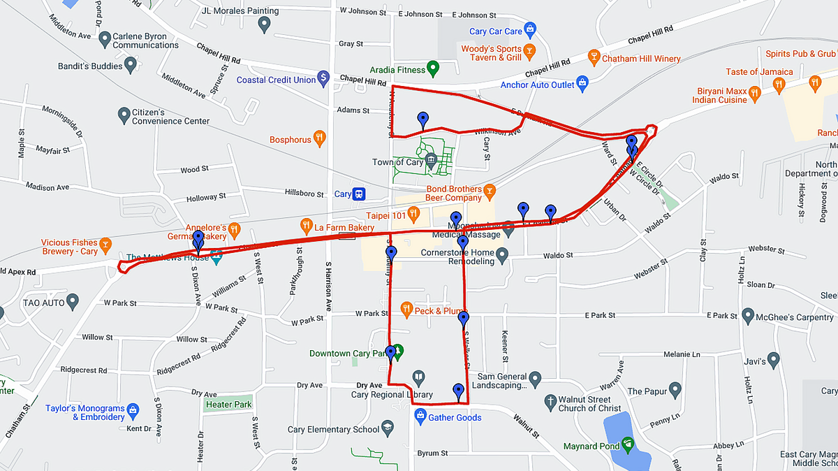 The GoCary Downtown Loop, a free shuttle bus, connects Cary’s public parking deck at town hall with Cary Downtown Park and businesses along Chatham Street.