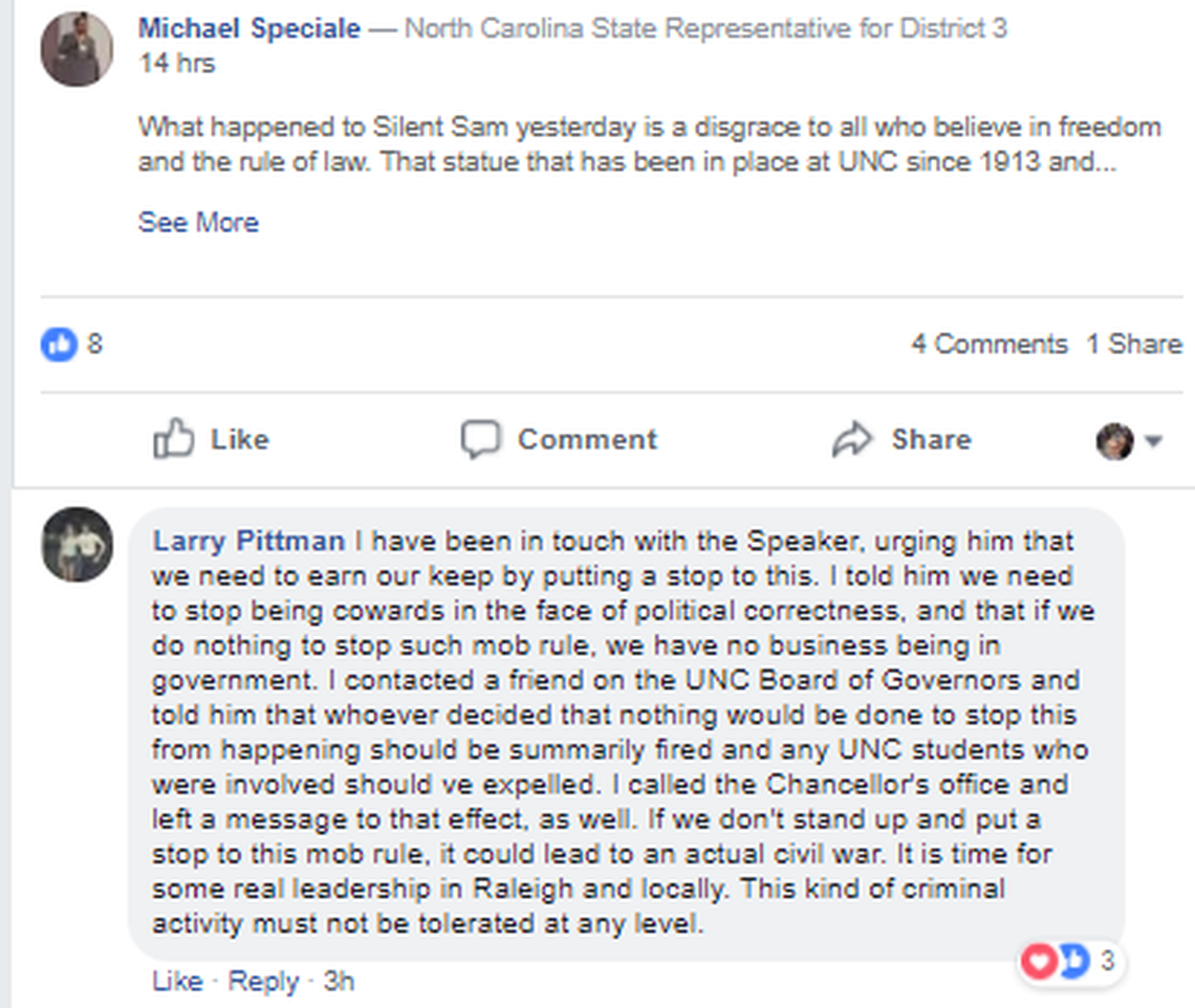 A screenshot of comments posted on Facebook by state Rep. Larry Pittman.