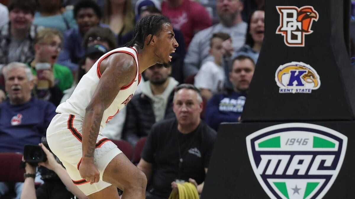 Bowling Green Falcons guard Marcus Hill (0) celebrates after a shot during the second half of an NCAA college basketball game in the semifinals of the Mid-American Conference Tournament at Rocket Mortgage FieldHouse on March 15 in Cleveland, Ohio.