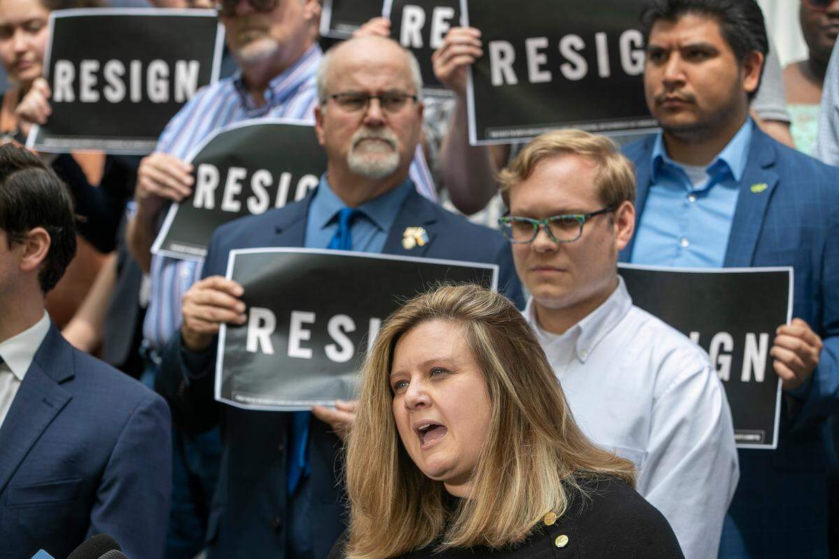 Elizabeth Goodwin, President of the North Carolina Democratic Women speaks out against the defection of Rep, Tricia Cotham to the Republican Park on Wednesday, April 5, 2023 at the North Carolina Democratic Headquarters in Raleigh, N.C.