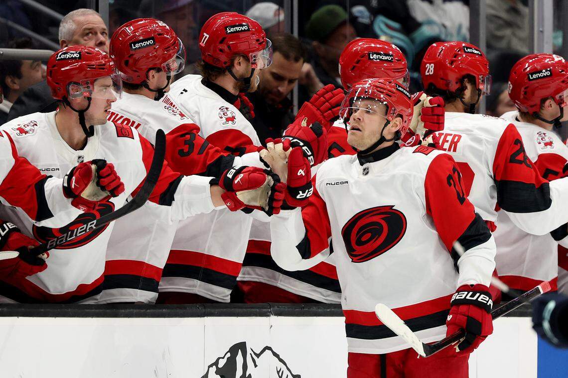 Nikolaj Ehlers (27) of the Carolina Hurricanes celebrates his goal during the second period against the Seattle Kraken at Climate Pledge Arena on March 2, 2026 in Seattle, Washington.