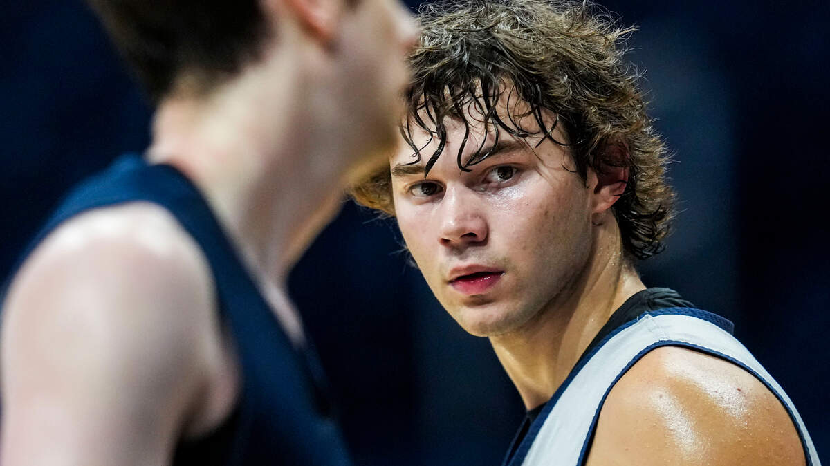 Butler Bulldogs forward Colt Langdon (45) looks toward the sideline during practice at Hinkle Fieldhouse on Sept. 28, 2024. As part of Family Weekend at Butler, the men’s basketball team opened its practice to fans.