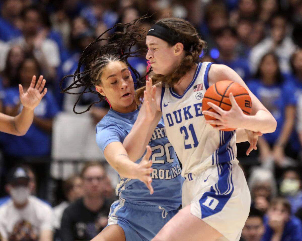 North Carolina’s Destiny Adams pressures Duke’s Kennedy Brown during the second half of the Tar Heels’ 45-41 win over Duke on Sunday, Feb. 26, 2023, at Cameron Indoor Stadium in Durham, N.C.