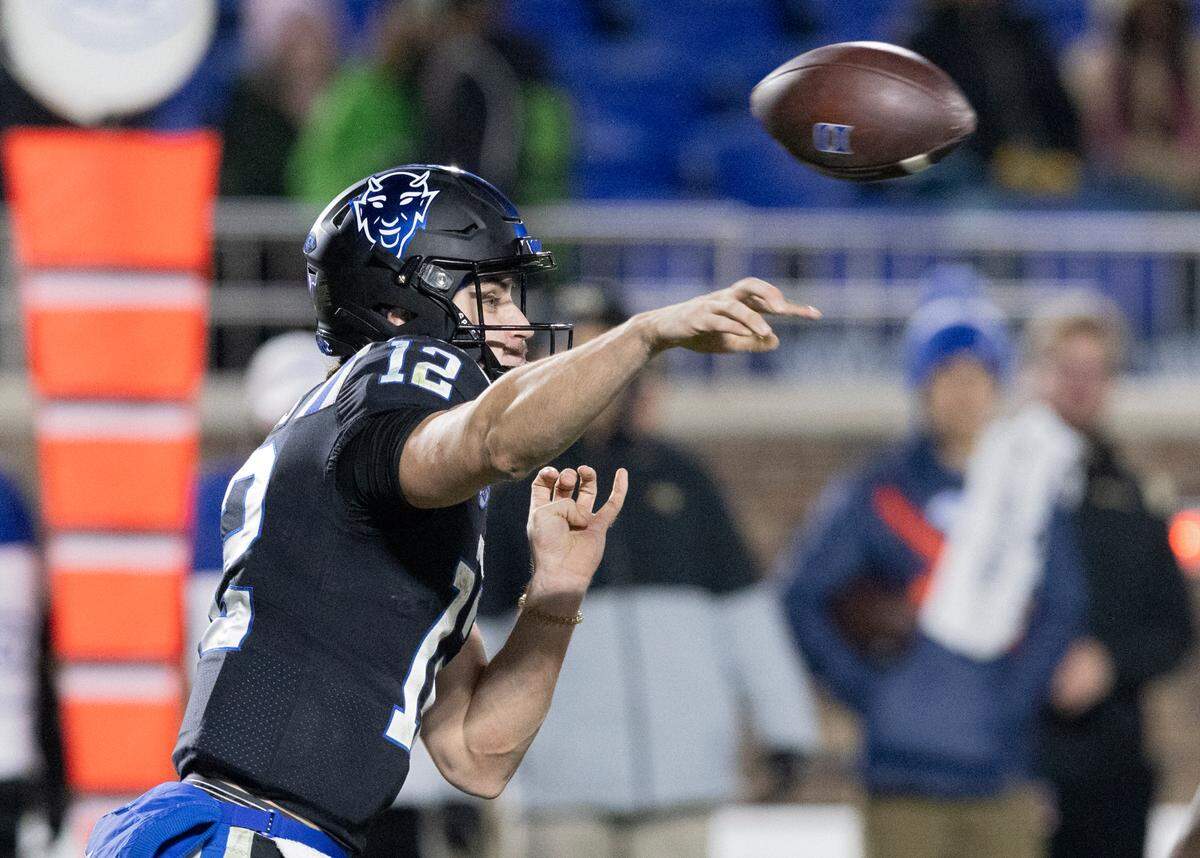 Duke’s Grayson Loftis throws a pass during the second half of the Blue Devils’ 24-21 win over Wake Forest on Thursday, Nov. 2, 2023, at Wallace Wade Stadium in Durham, N.C.