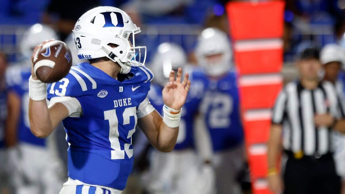 Duke quarterback Riley Leonard looks to throw during the first half of the Blue Devils season opener against Temple at Wallace Wade Stadium on Friday, Sept. 2, 2022, in Durham, N.C.