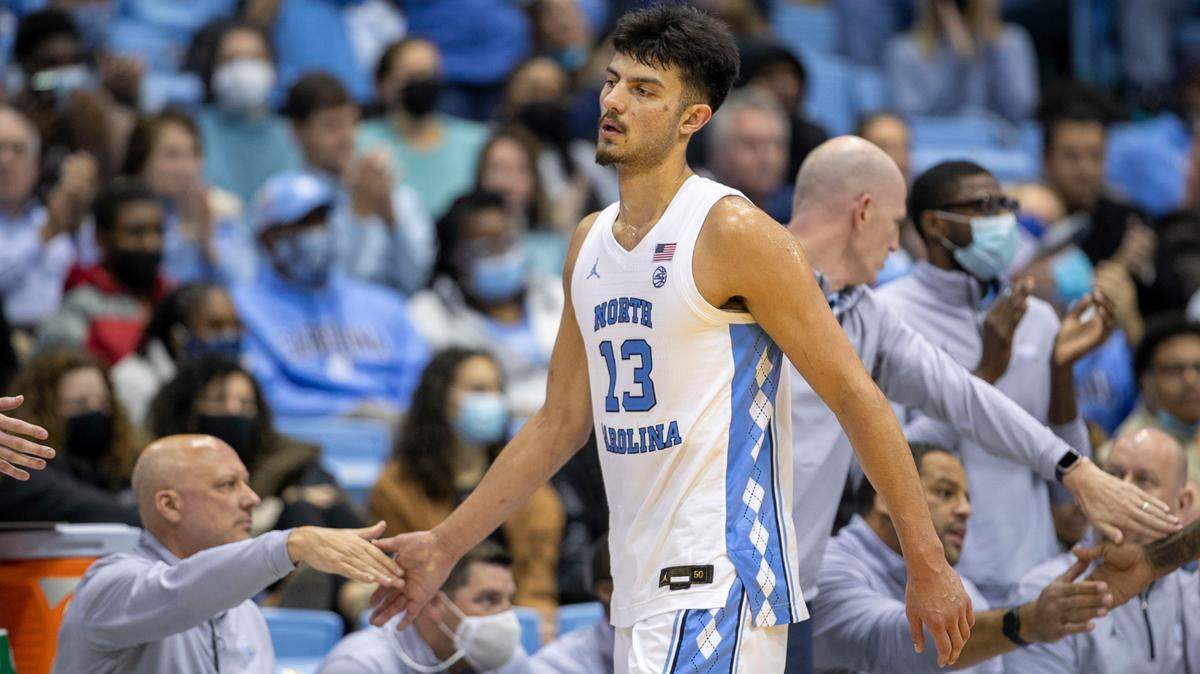 North Carolina’s Dawson Garcia (13) comes out of the game during the closing minutes after leading the Tar Heels with 20 points in their victory over Furman on Tuesday, December 14, 2021 at the Smith Center in Chapel Hill, N.C.
