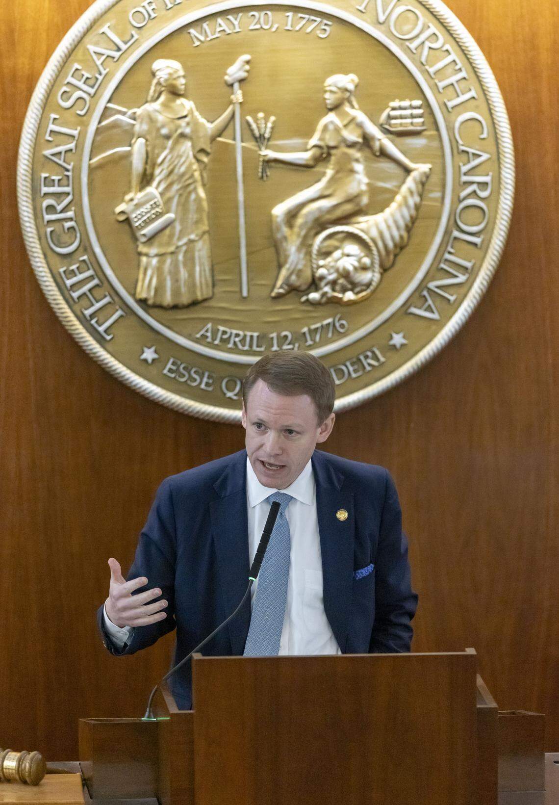 North Carolina House Speaker Destin Hall addresses the gallery after a disruption, during debate of Senate Bill 249, a bill to realign the North Carolina Congressional districts, on Wednesday, October 22, 2025 at the General Assembly in Raleigh, N.C.