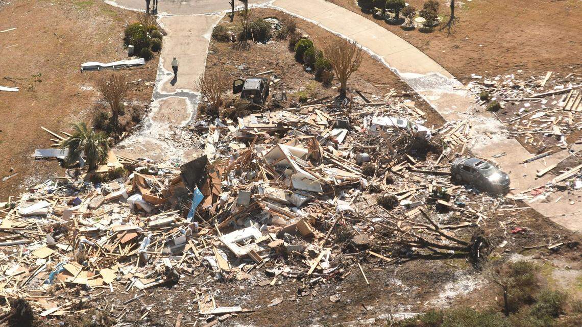 This aerial photo shows the devastation Tuesday Feb. 16, 2021, in the Ocean Ridge Plantation area of Brunswick County, N.C. following a tornado. (