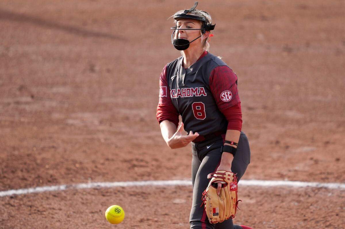 Oklahoma’s Isabella Smith (8) pitches during a college softball game between the University of Oklahoma Sooners (OU) and East Texas A&M at Love’s Field in Norman, Okla., Wednesday, March 19, 2025.
